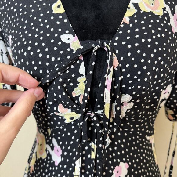 Topshop Dress Womens US 6 Black Floral Polka Dot Short Sleeve Fit Flare Bow Tie - Picture 6 of 16